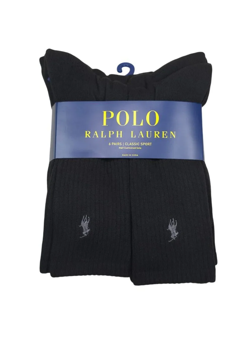 Polo Ralph Lauren Classic Sport Crew Socks 6 Pairs Black Half Cushioned Sz 10-13